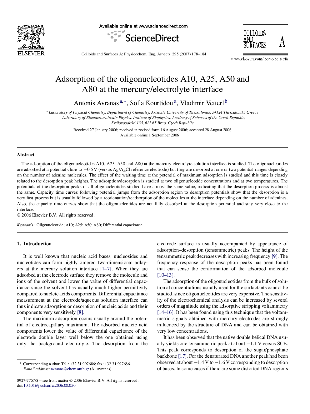 Adsorption of the oligonucleotides A10, A25, A50 and A80 at the mercury/electrolyte interface