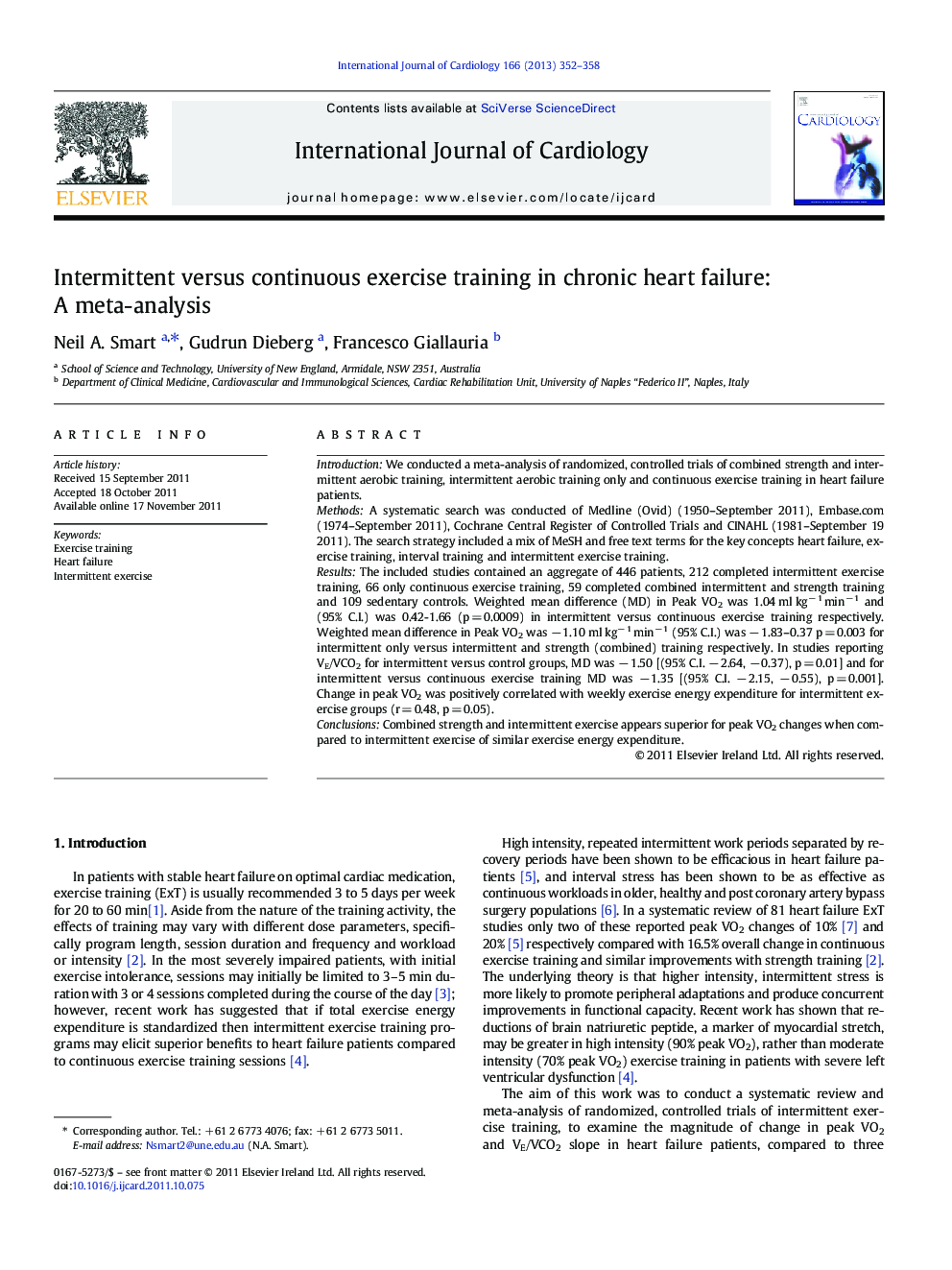 Intermittent versus continuous exercise training in chronic heart failure: A meta-analysis