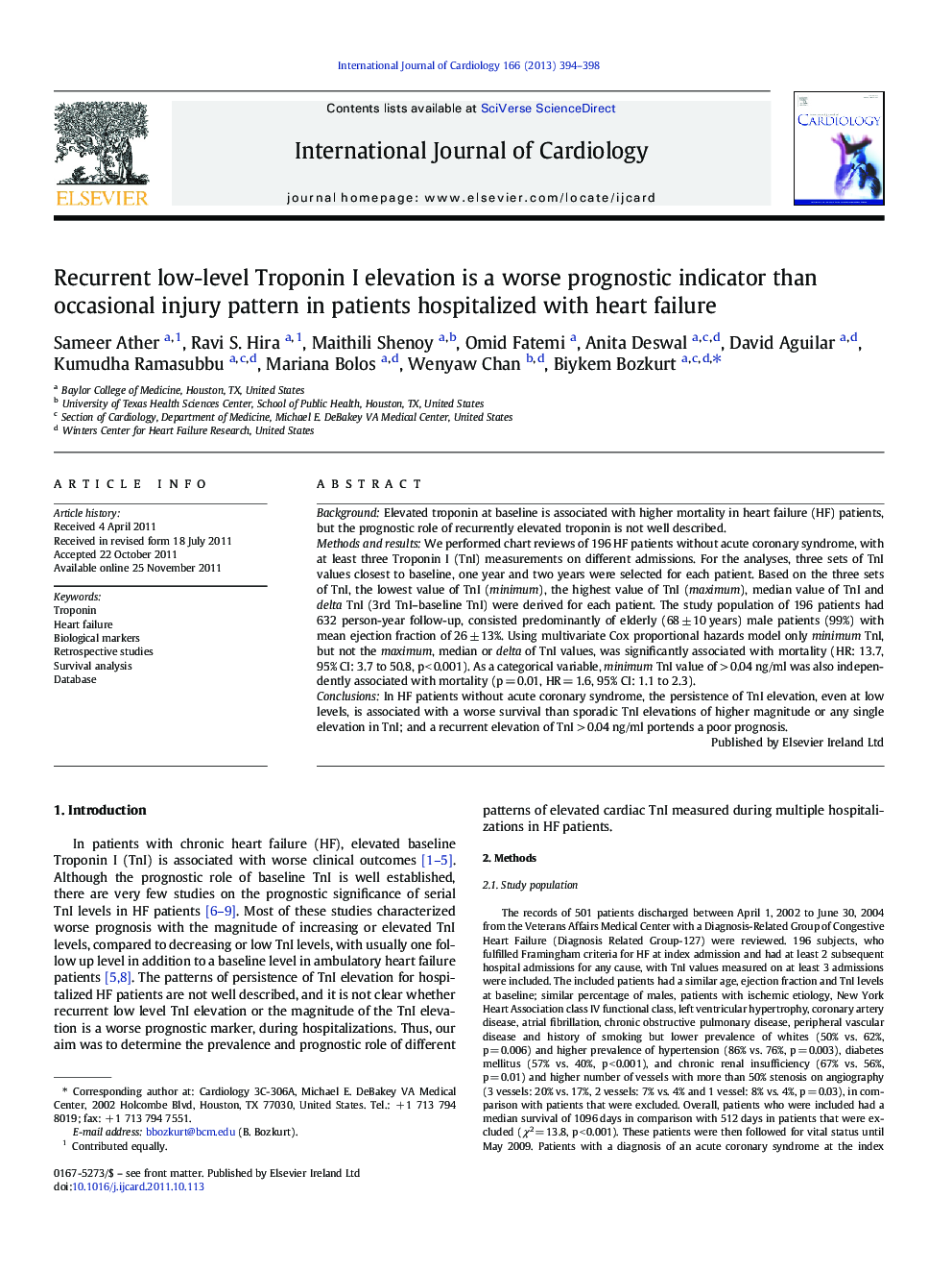 Recurrent low-level Troponin I elevation is a worse prognostic indicator than occasional injury pattern in patients hospitalized with heart failure