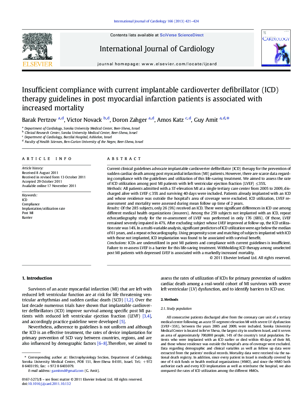 Insufficient compliance with current implantable cardioverter defibrillator (ICD) therapy guidelines in post myocardial infarction patients is associated with increased mortality