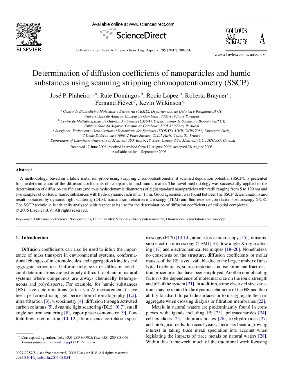 Determination of diffusion coefficients of nanoparticles and humic substances using scanning stripping chronopotentiometry (SSCP)