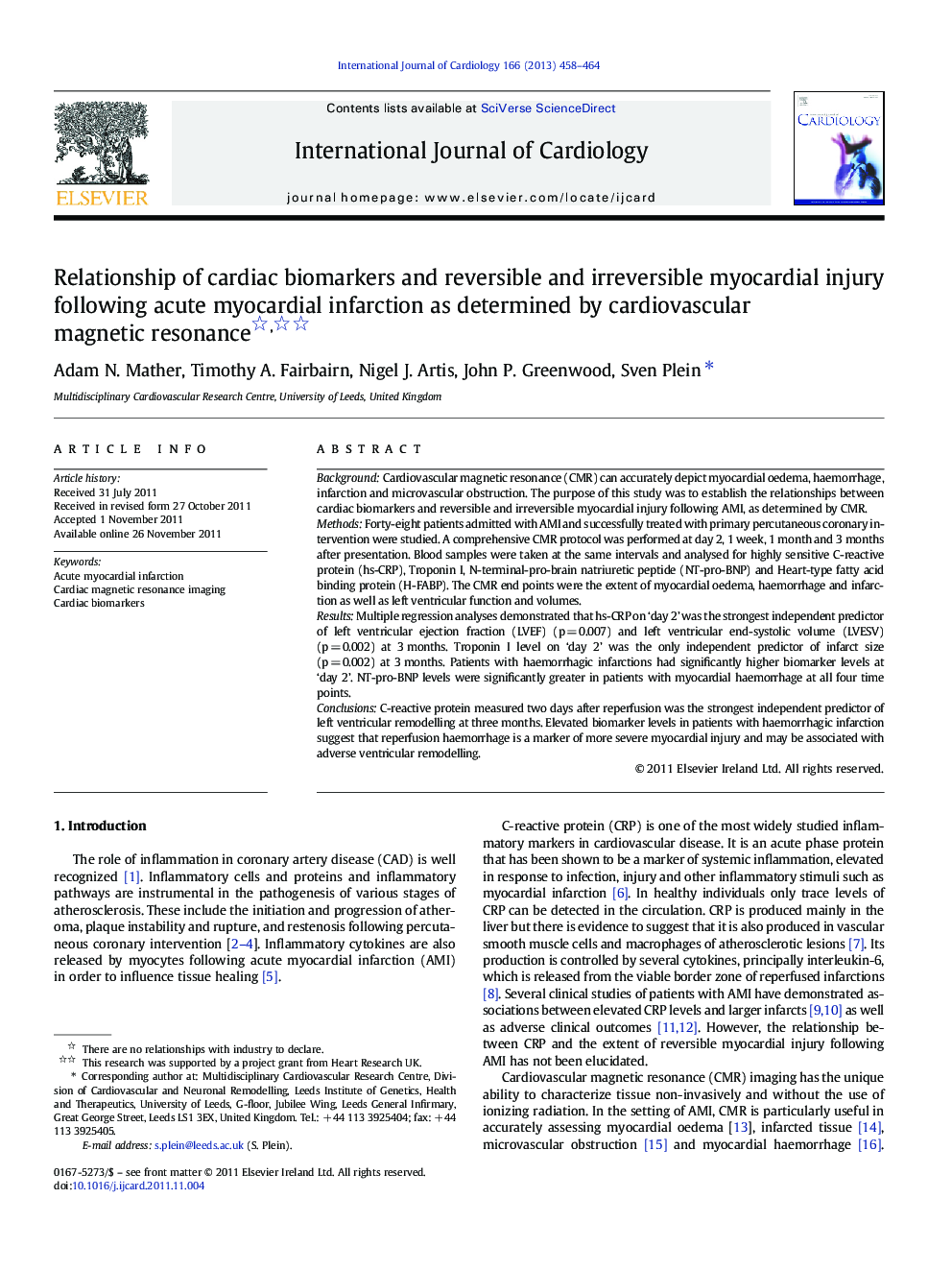 Relationship of cardiac biomarkers and reversible and irreversible myocardial injury following acute myocardial infarction as determined by cardiovascular magnetic resonance