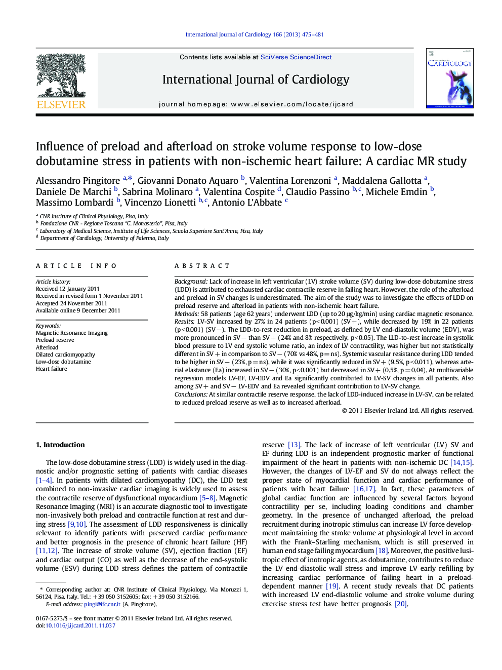 Influence of preload and afterload on stroke volume response to low-dose dobutamine stress in patients with non-ischemic heart failure: A cardiac MR study