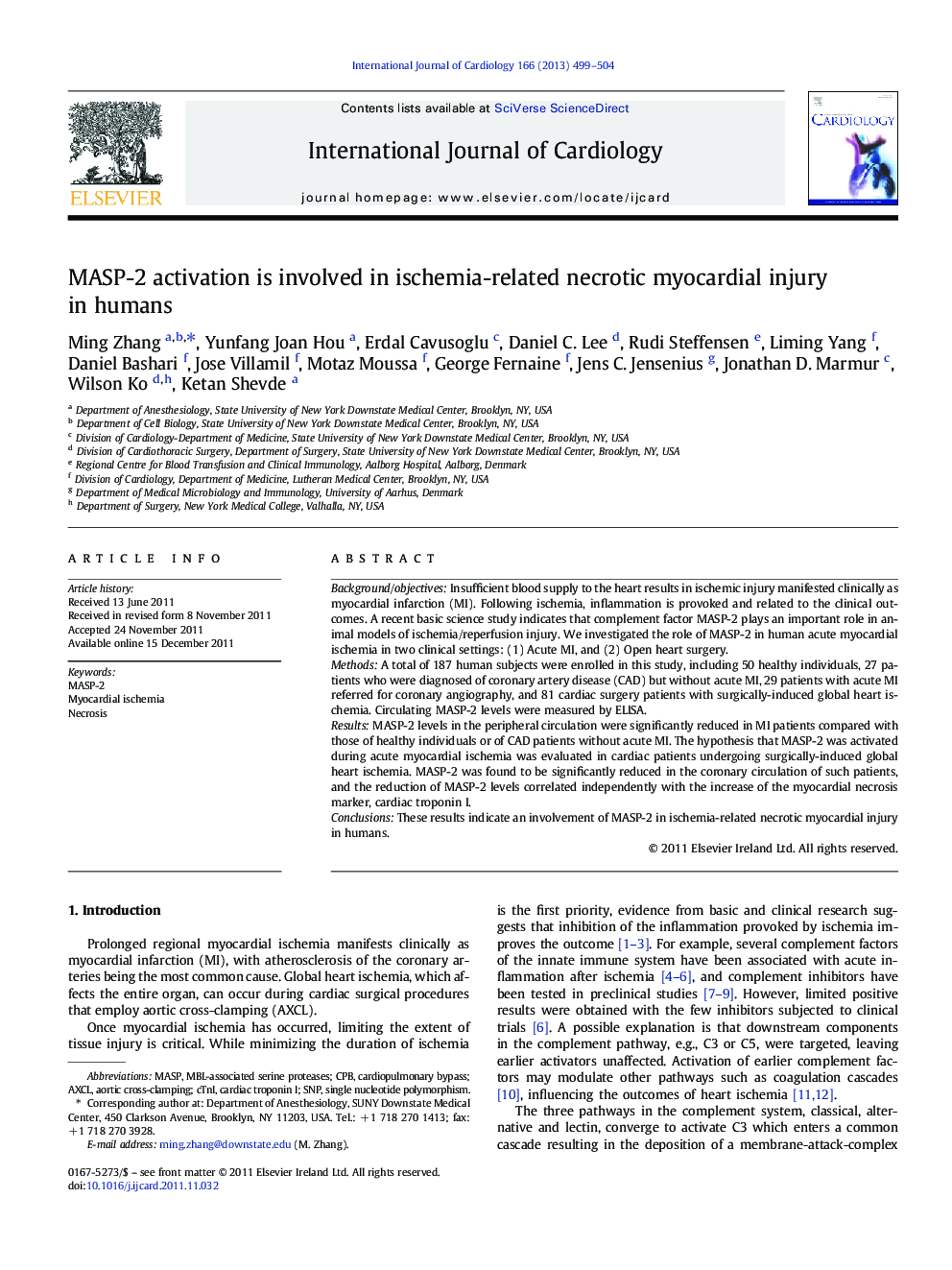 MASP-2 activation is involved in ischemia-related necrotic myocardial injury in humans