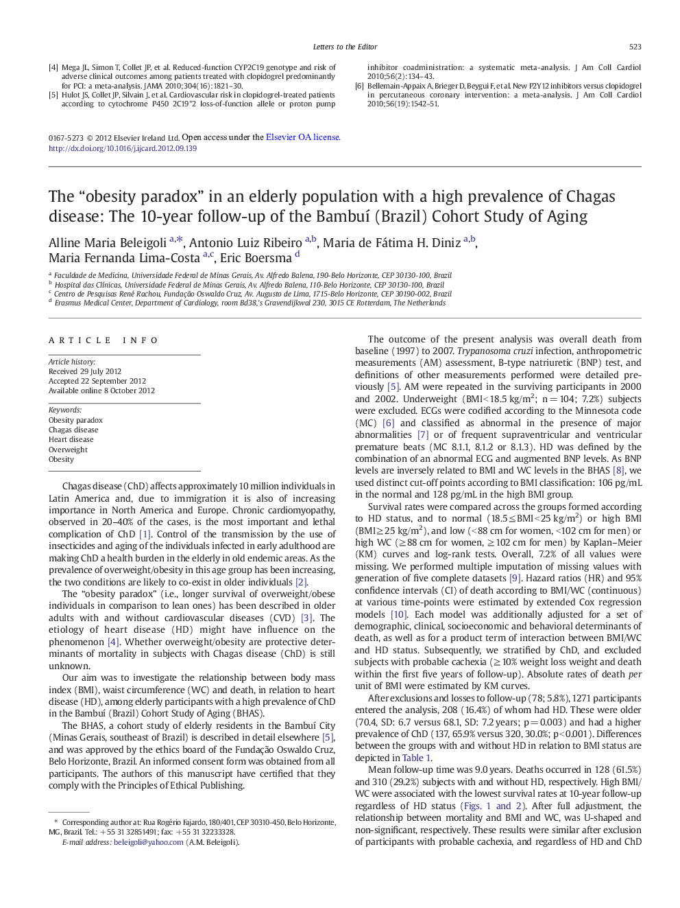 The “obesity paradox” in an elderly population with a high prevalence of Chagas disease: The 10-year follow-up of the BambuÃ­ (Brazil) Cohort Study of Aging