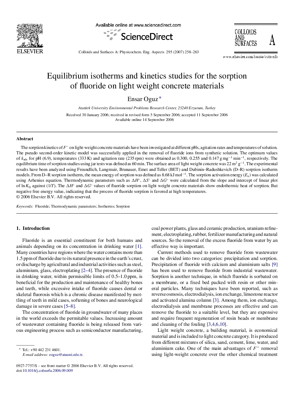 Equilibrium isotherms and kinetics studies for the sorption of fluoride on light weight concrete materials