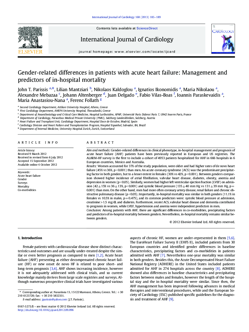 Gender-related differences in patients with acute heart failure: Management and predictors of in-hospital mortality