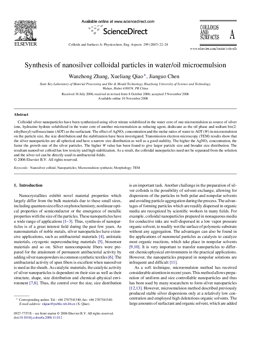 Synthesis of nanosilver colloidal particles in water/oil microemulsion