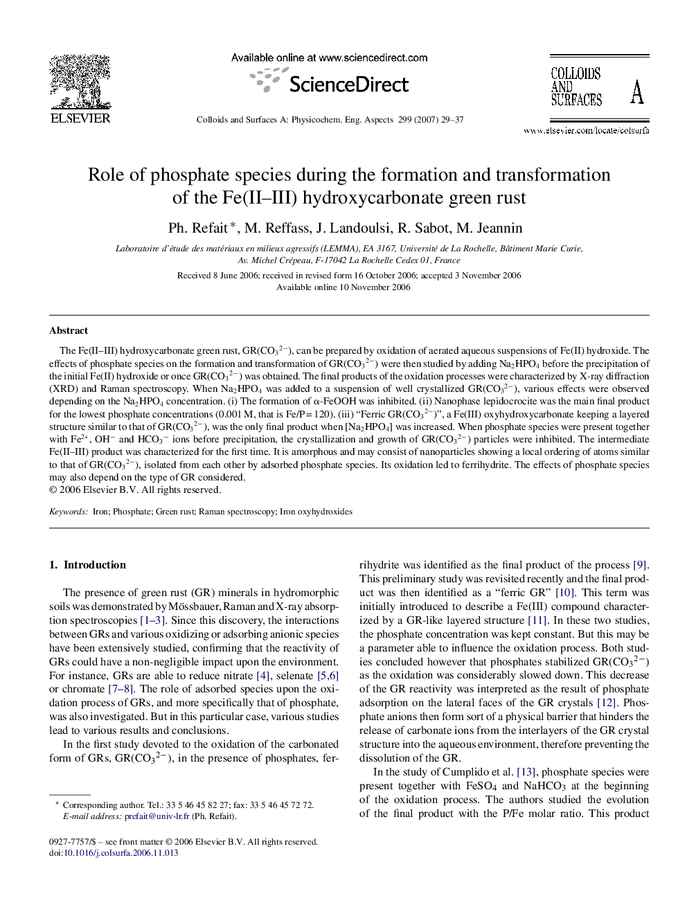 Role of phosphate species during the formation and transformation of the Fe(II–III) hydroxycarbonate green rust