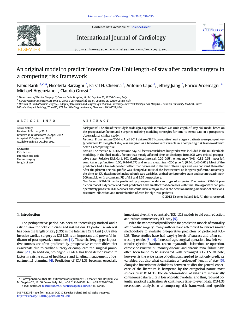 An original model to predict Intensive Care Unit length-of stay after cardiac surgery in a competing risk framework