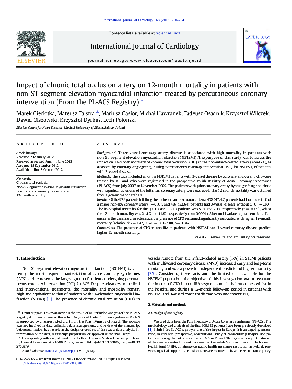 Impact of chronic total occlusion artery on 12-month mortality in patients with non-ST-segment elevation myocardial infarction treated by percutaneous coronary intervention (From the PL-ACS Registry)