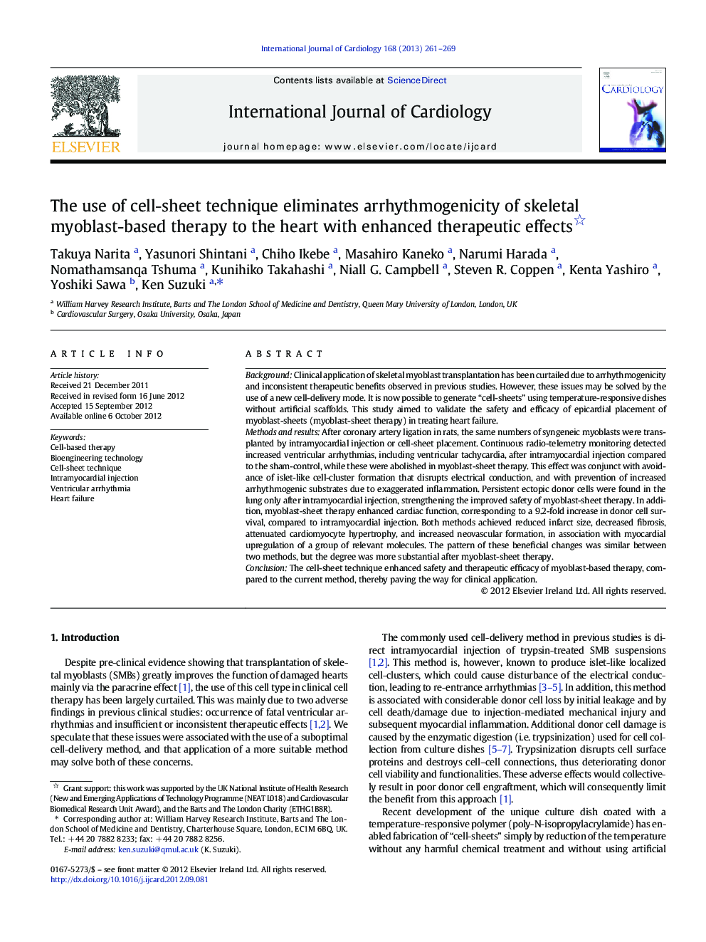 The use of cell-sheet technique eliminates arrhythmogenicity of skeletal myoblast-based therapy to the heart with enhanced therapeutic effects