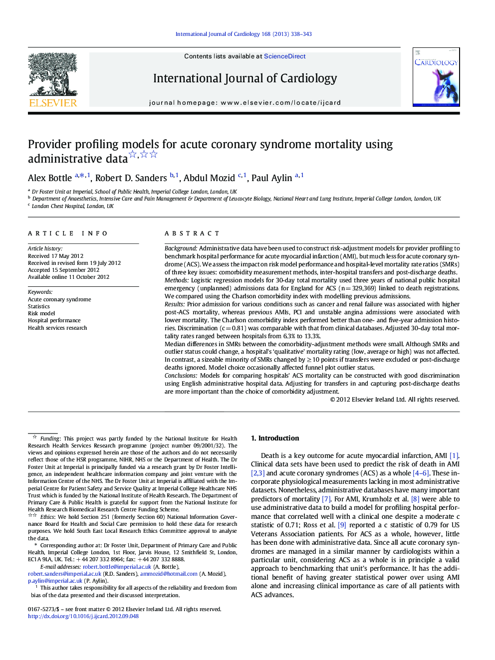 Provider profiling models for acute coronary syndrome mortality using administrative data