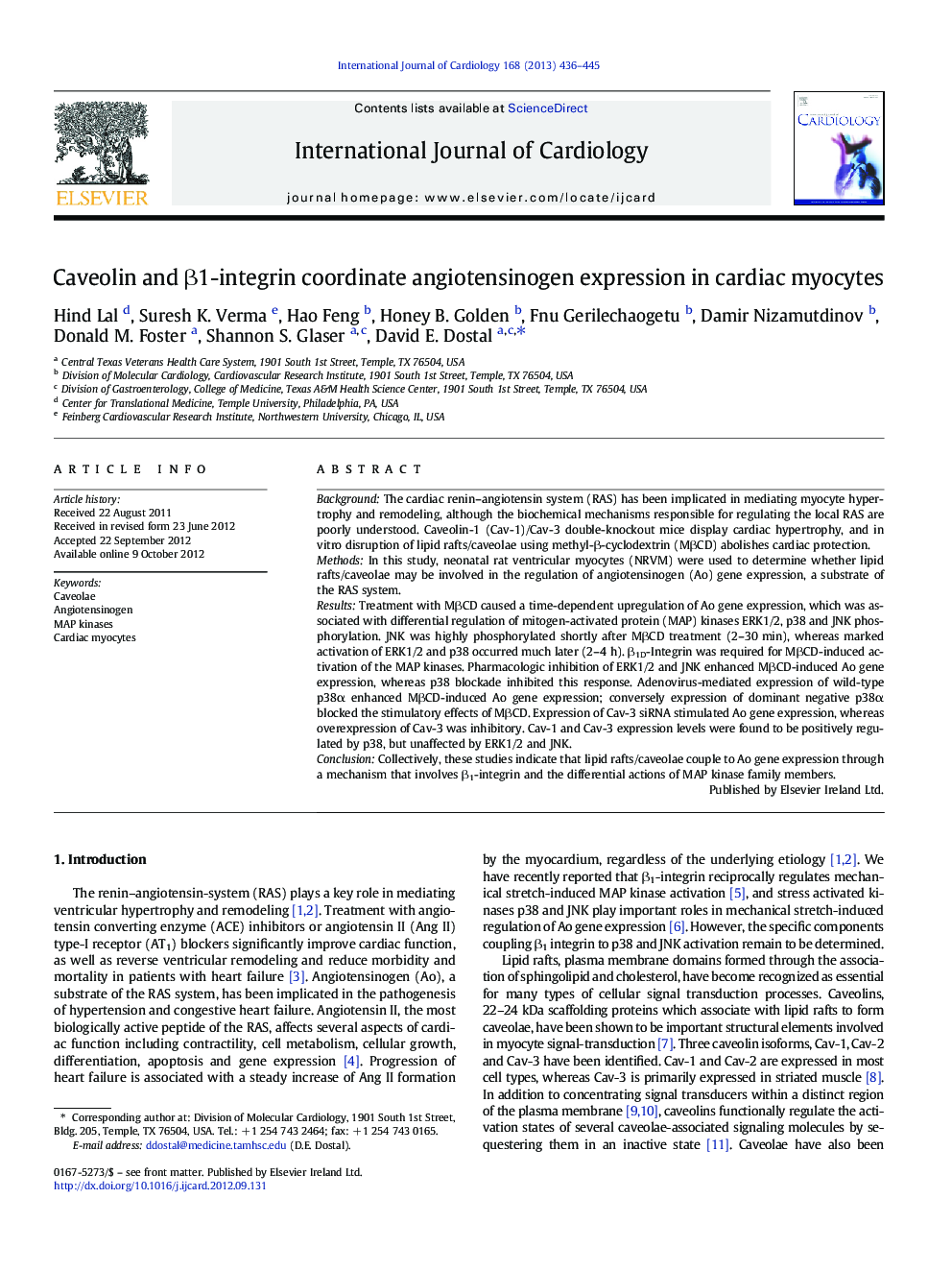 Caveolin and Î²1-integrin coordinate angiotensinogen expression in cardiac myocytes