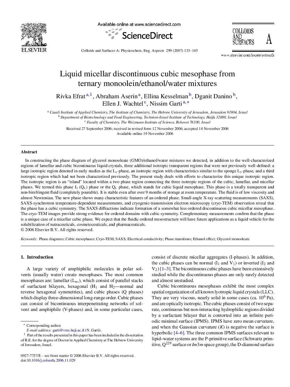 Liquid micellar discontinuous cubic mesophase from ternary monoolein/ethanol/water mixtures