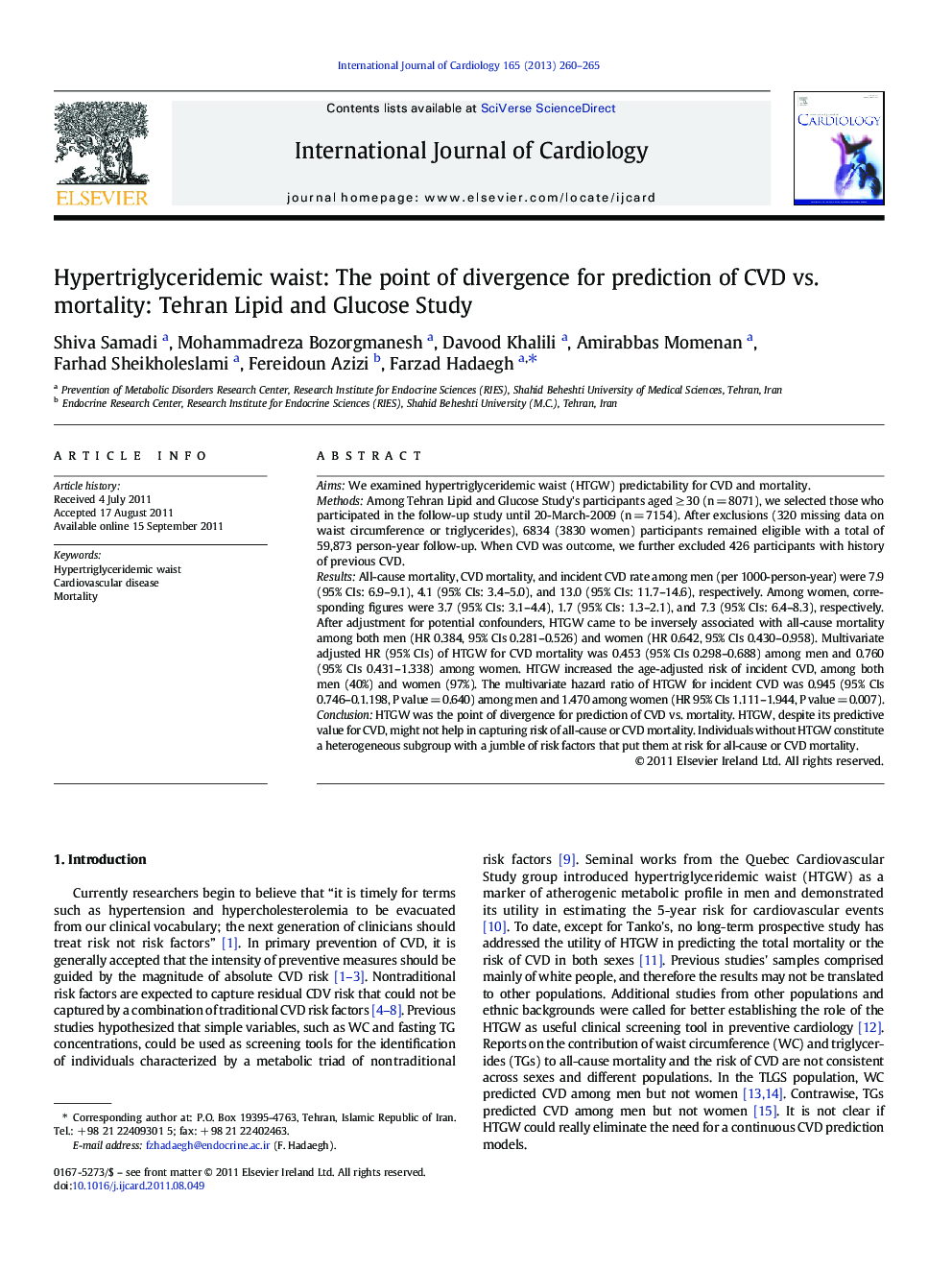 Hypertriglyceridemic waist: The point of divergence for prediction of CVD vs. mortality: Tehran Lipid and Glucose Study