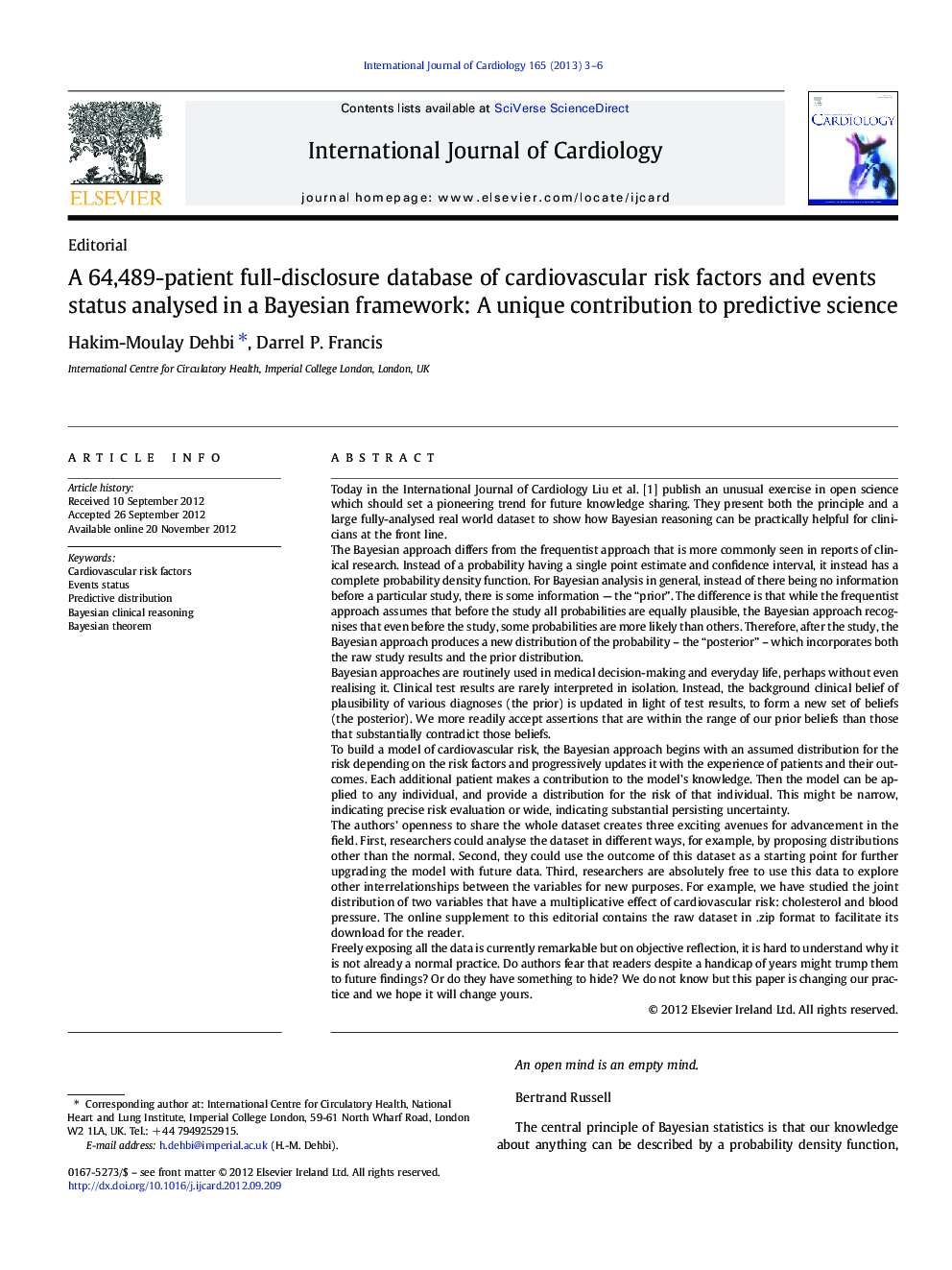 A 64,489-patient full-disclosure database of cardiovascular risk factors and events status analysed in a Bayesian framework: A unique contribution to predictive science