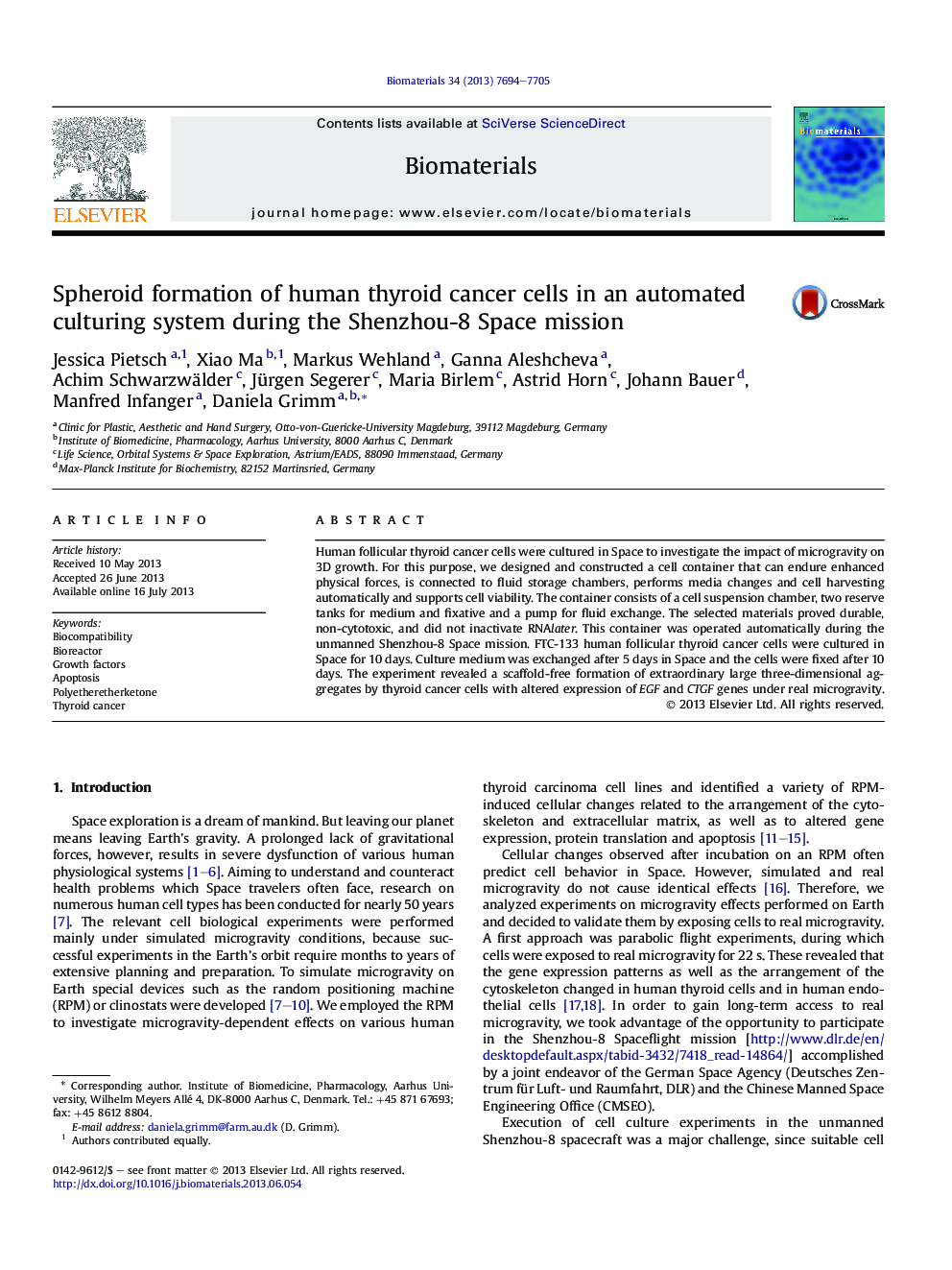 Spheroid formation of human thyroid cancer cells in an automated culturing system during the Shenzhou-8 Space mission