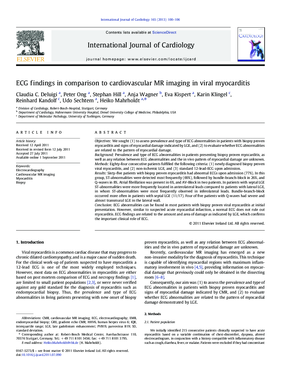 ECG findings in comparison to cardiovascular MR imaging in viral myocarditis