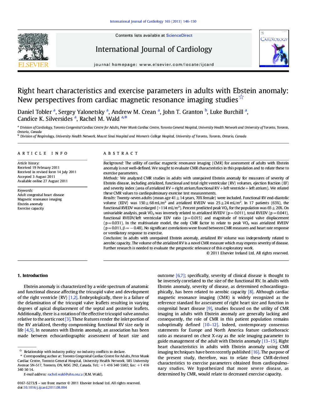 Right heart characteristics and exercise parameters in adults with Ebstein anomaly: New perspectives from cardiac magnetic resonance imaging studies