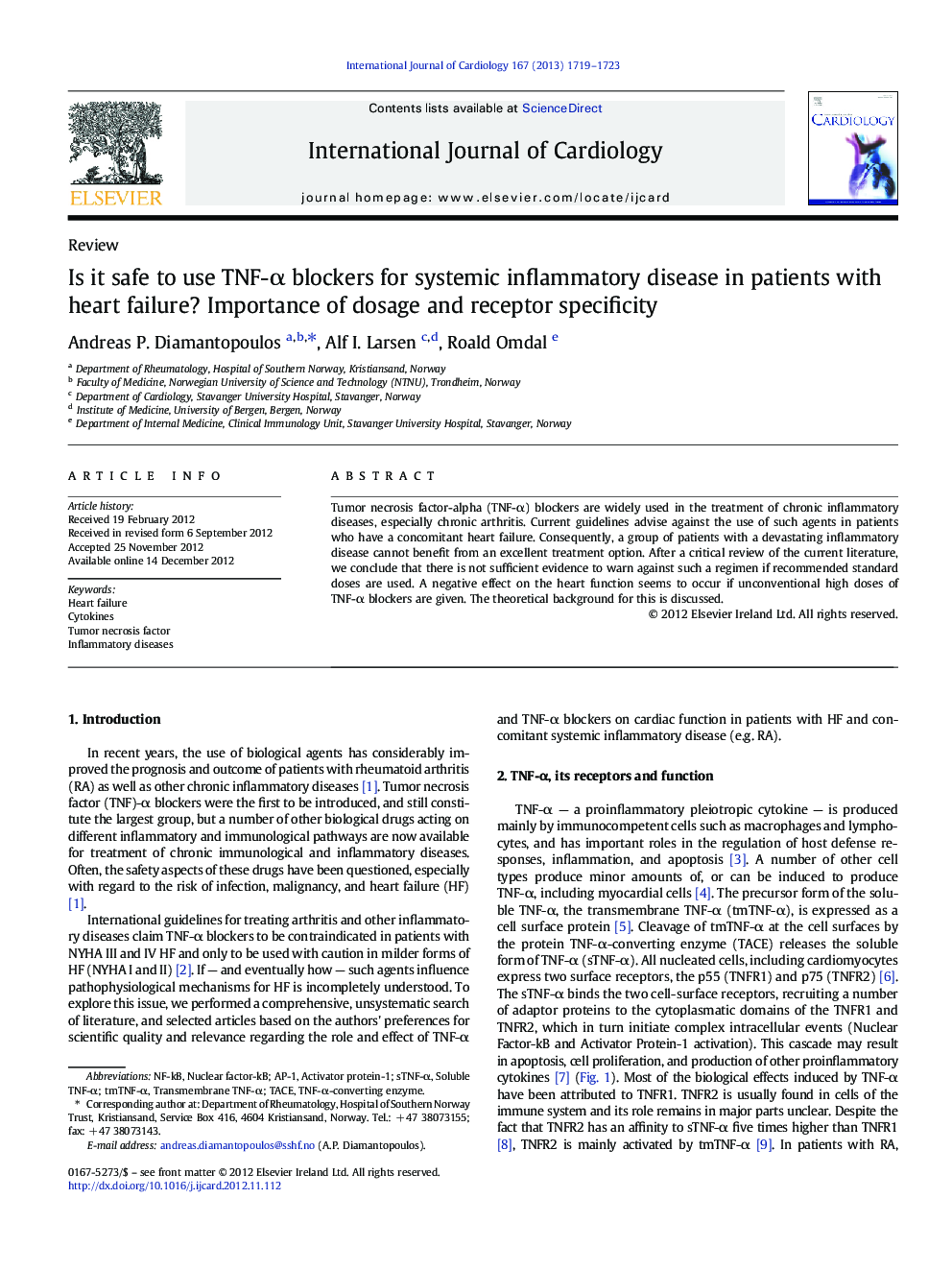 Is it safe to use TNF-Î± blockers for systemic inflammatory disease in patients with heart failure? Importance of dosage and receptor specificity