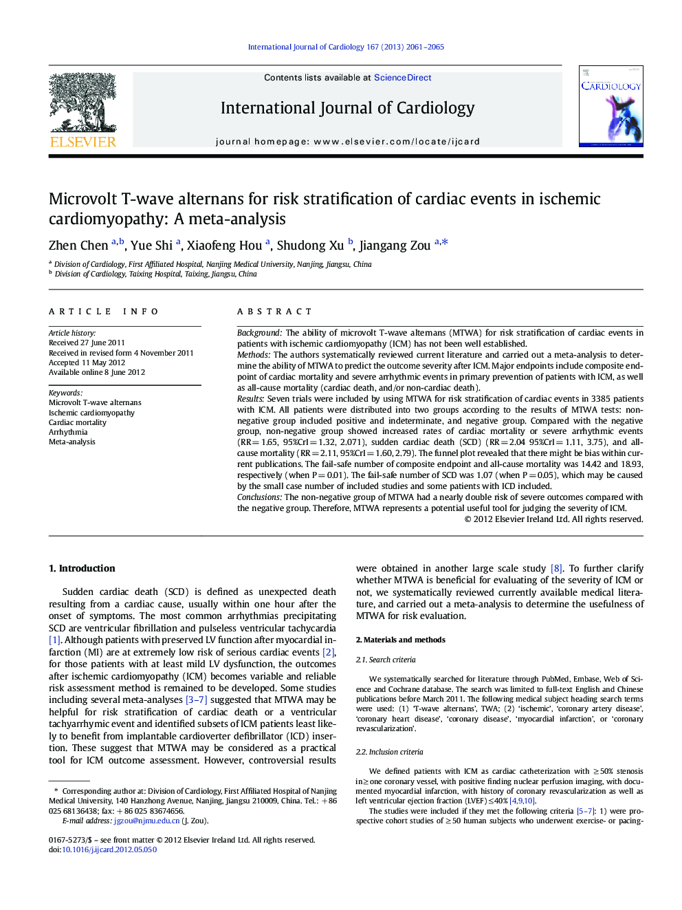 Microvolt T-wave alternans for risk stratification of cardiac events in ischemic cardiomyopathy: A meta-analysis