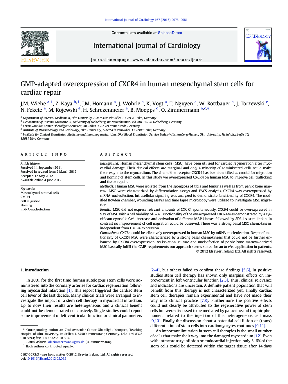 GMP-adapted overexpression of CXCR4 in human mesenchymal stem cells for cardiac repair