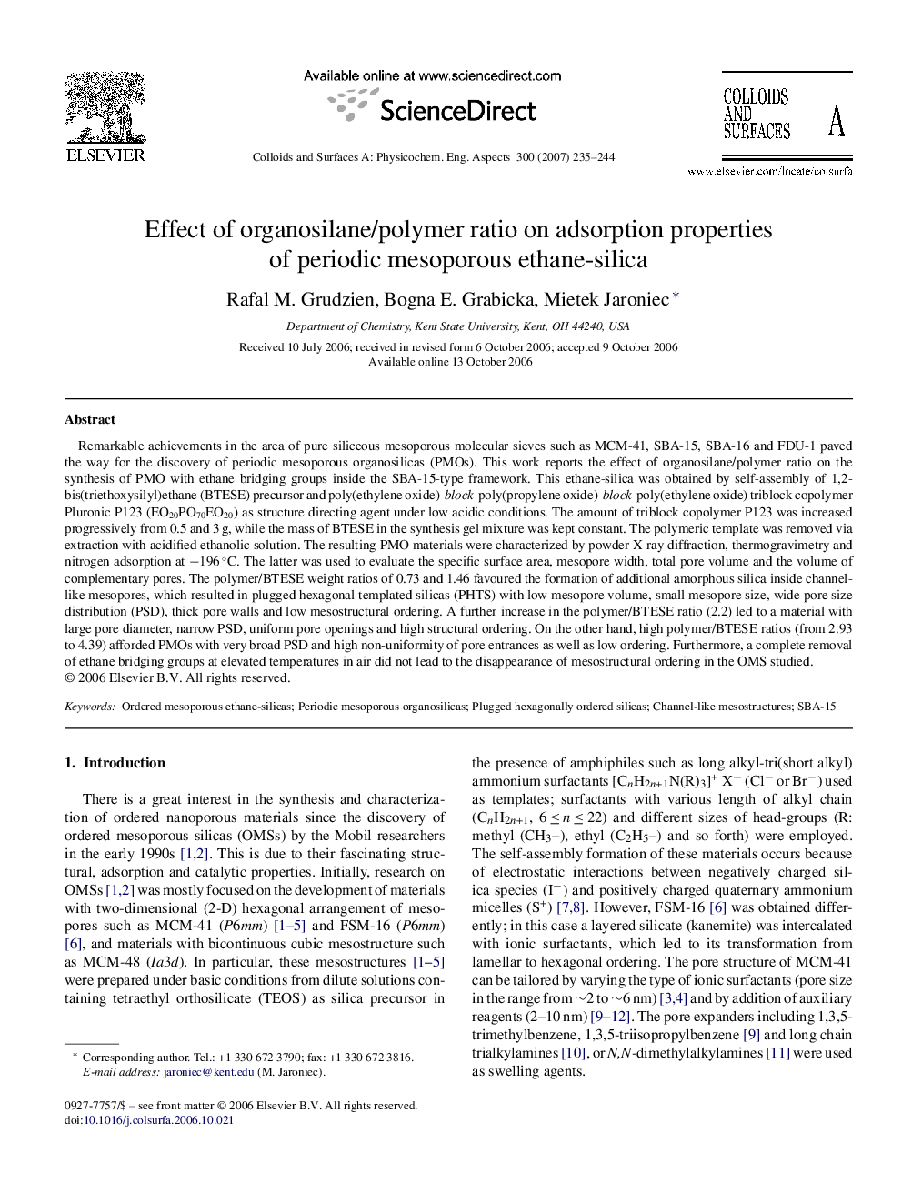 عکس صفحه اول مقاله: Effect of organosilane/polymer ratio on adsorption properties of periodic mesoporous ethane-silica Effect of organosilane/polymer ratio on adsorption properties of periodic mesoporous ethane-silica