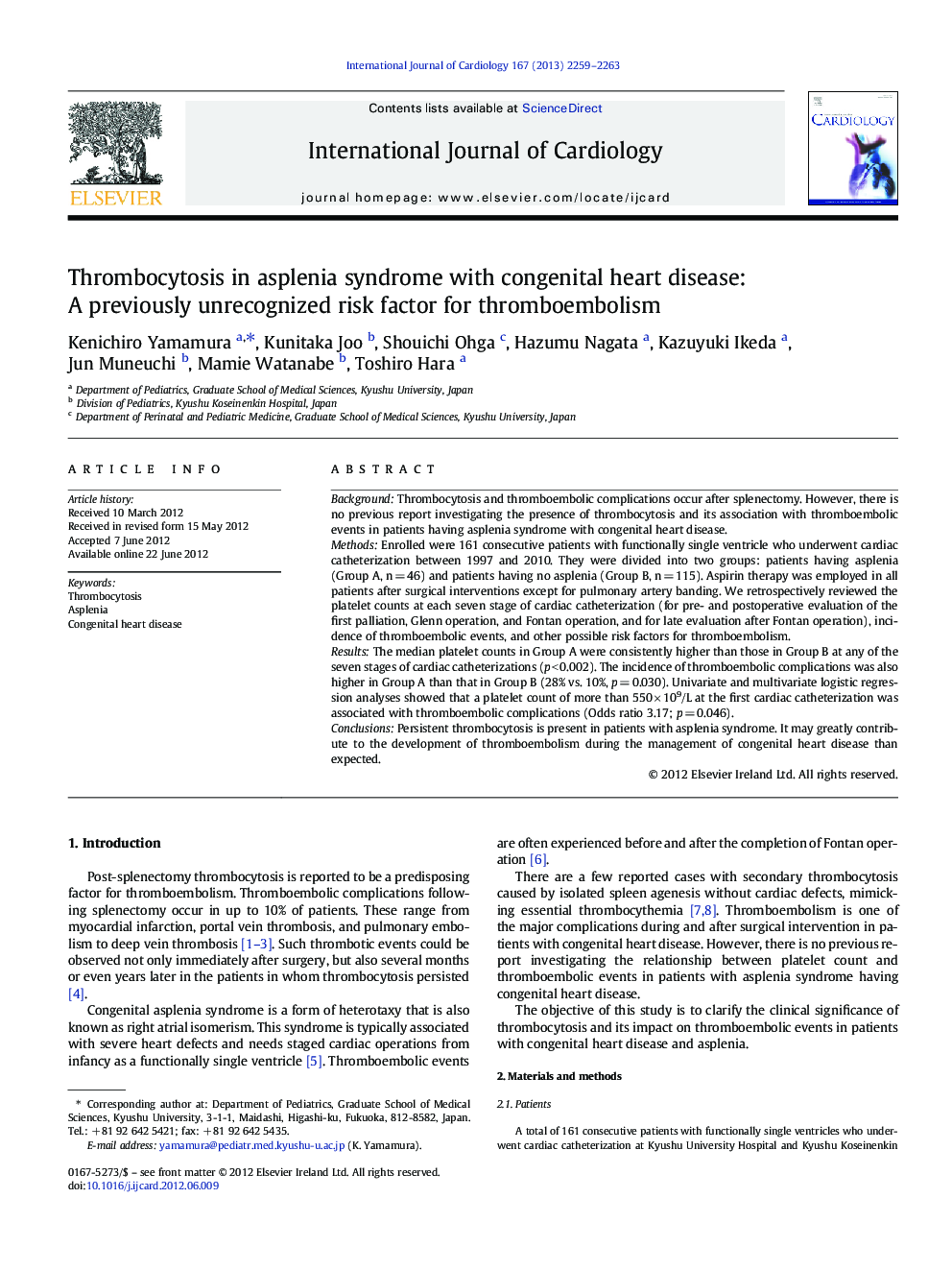 Thrombocytosis in asplenia syndrome with congenital heart disease: A previously unrecognized risk factor for thromboembolism