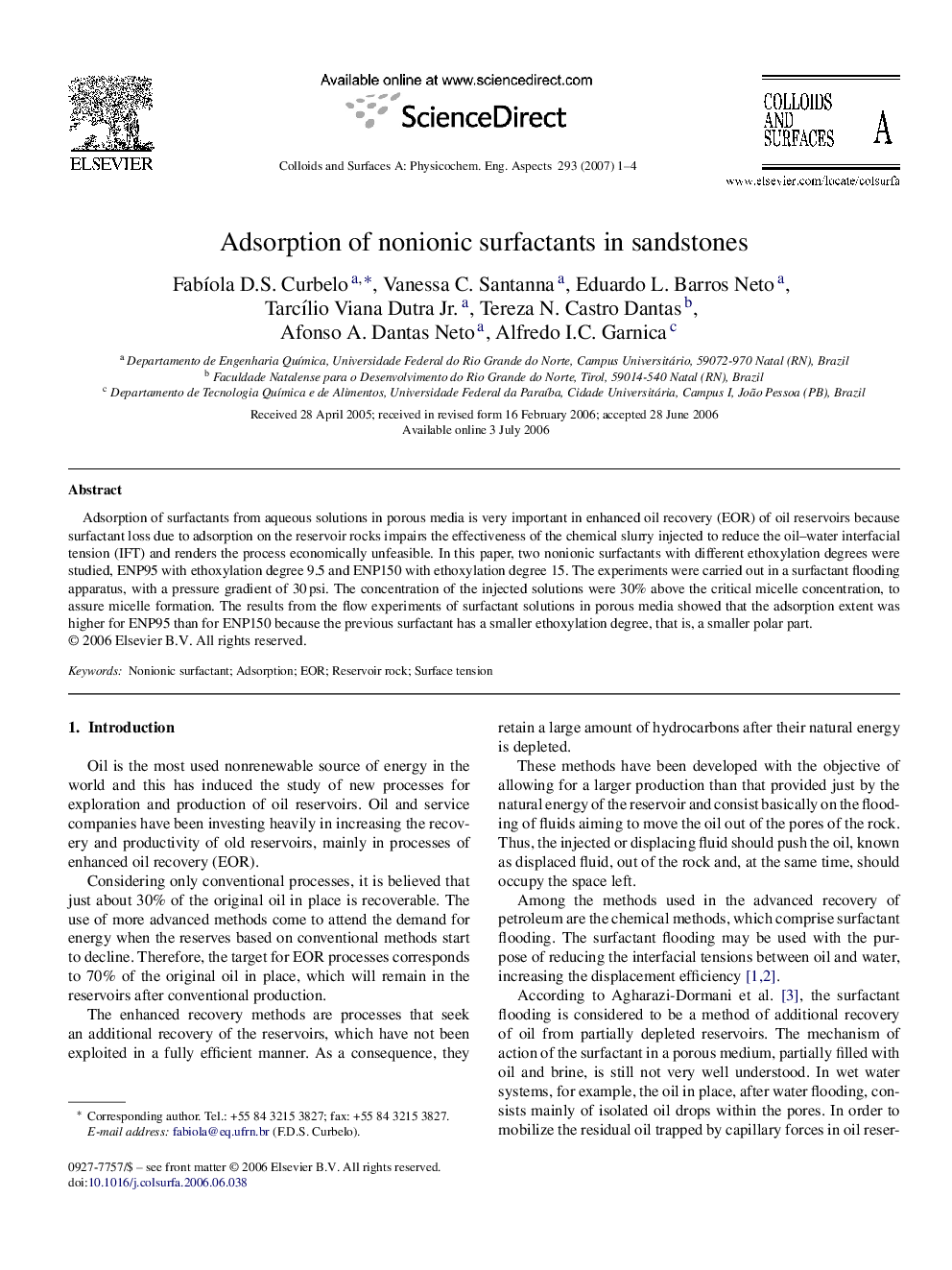 Adsorption of nonionic surfactants in sandstones