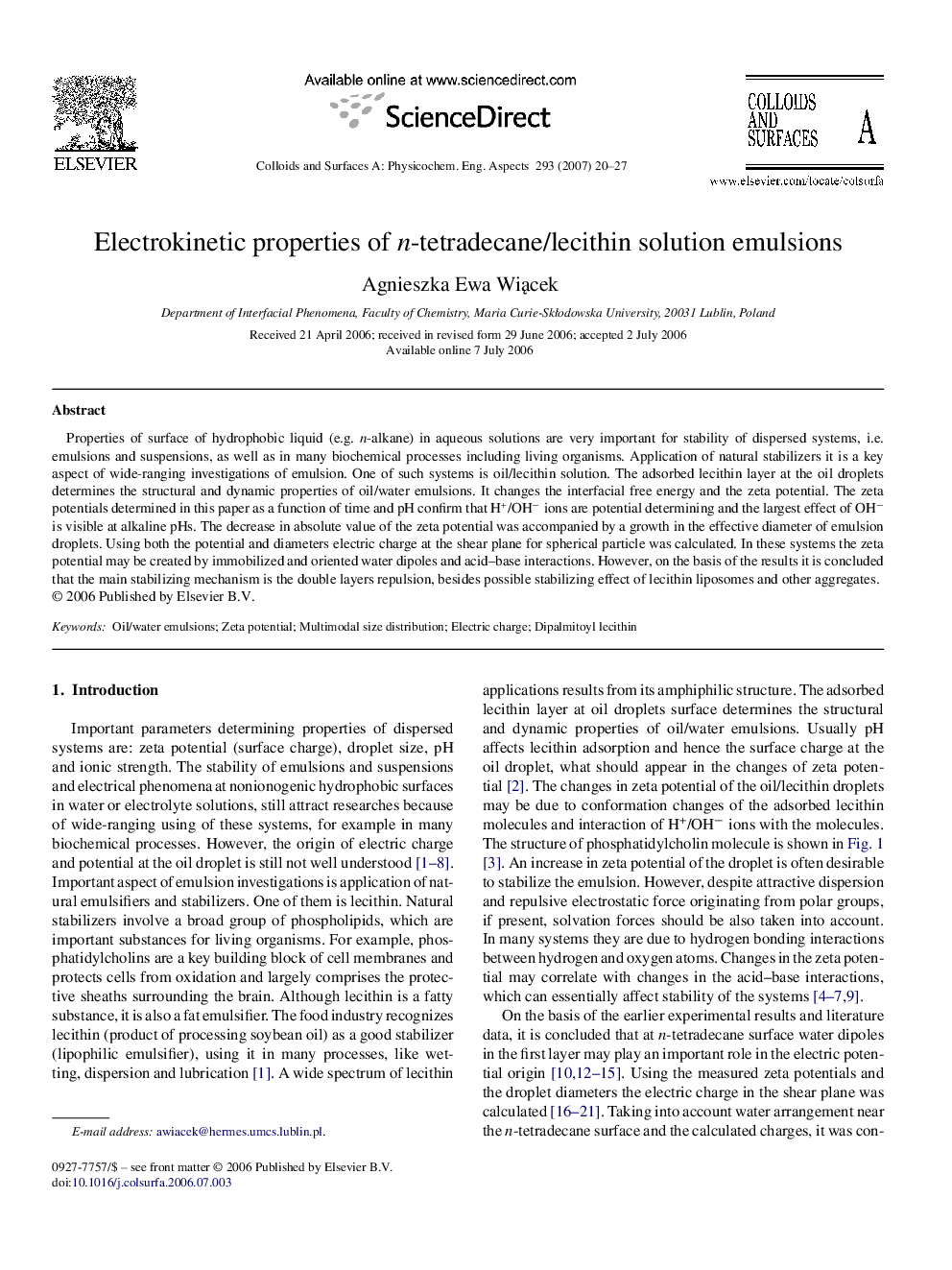 Electrokinetic properties of n-tetradecane/lecithin solution emulsions