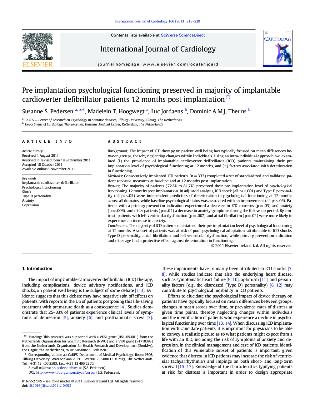 Pre implantation psychological functioning preserved in majority of implantable cardioverter defibrillator patients 12 months post implantation