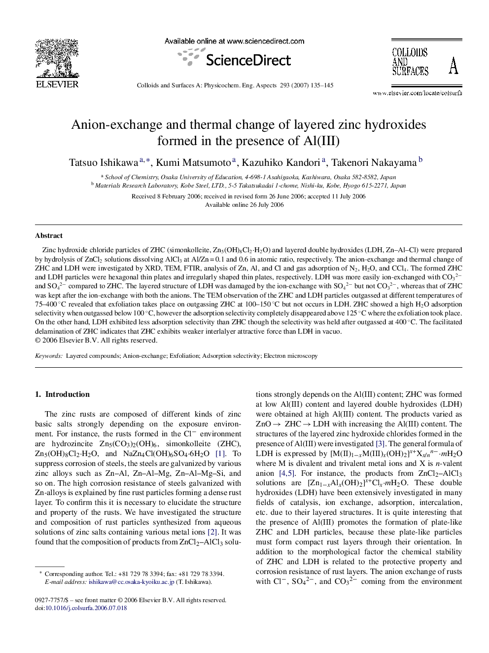 عکس صفحه اول مقاله: Anion-exchange and thermal change of layered zinc hydroxides formed in the presence of Al(III) Anion-exchange and thermal change of layered zinc hydroxides formed in the presence of Al(III)