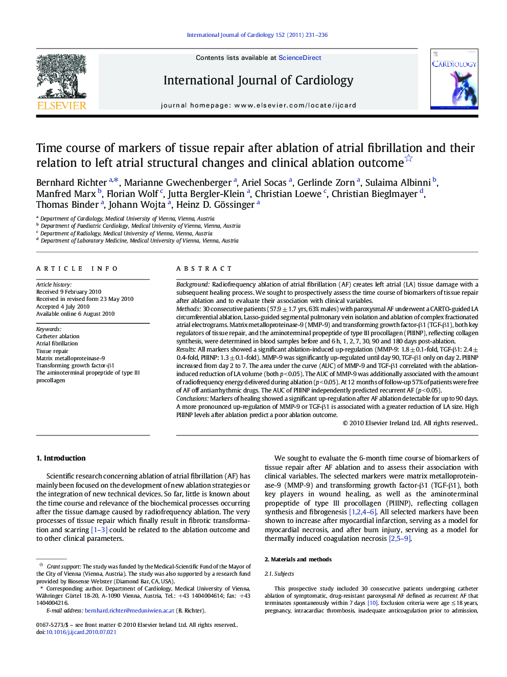 Time course of markers of tissue repair after ablation of atrial fibrillation and their relation to left atrial structural changes and clinical ablation outcome