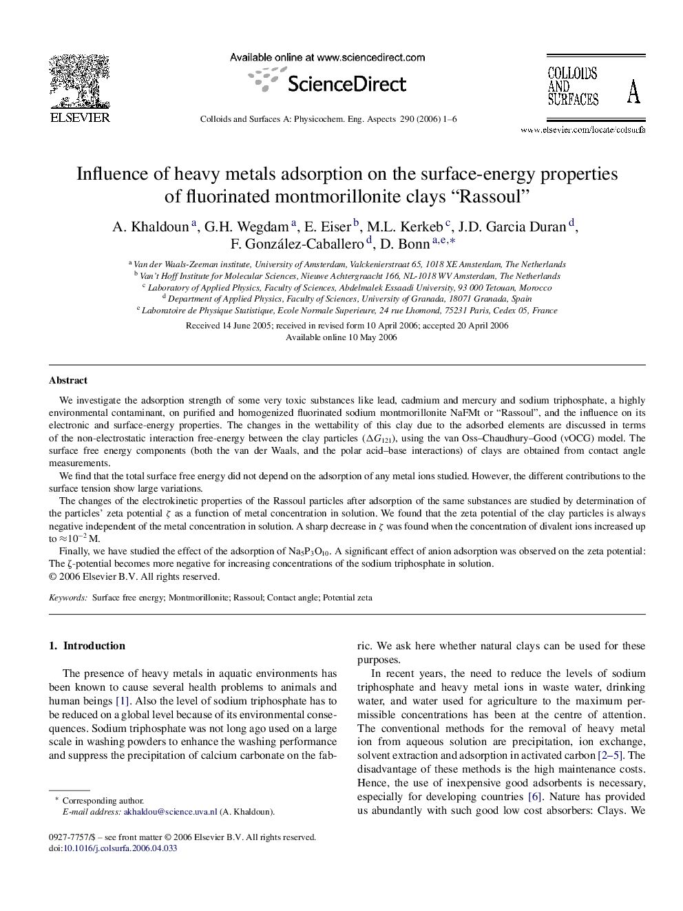 Influence of heavy metals adsorption on the surface-energy properties of fluorinated montmorillonite clays “Rassoul”