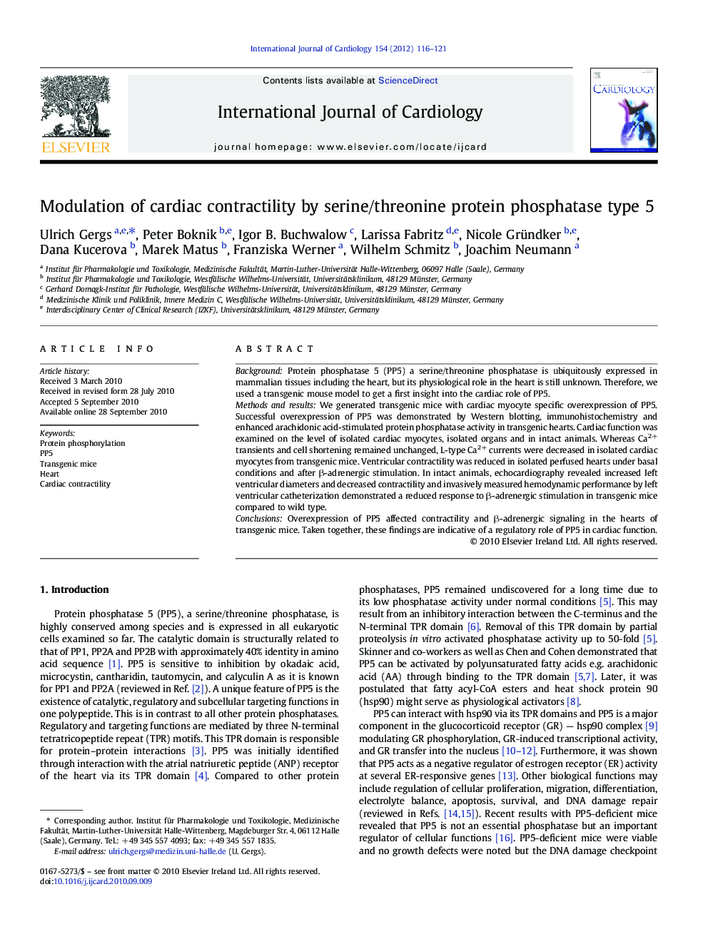 Modulation of cardiac contractility by serine/threonine protein phosphatase type 5