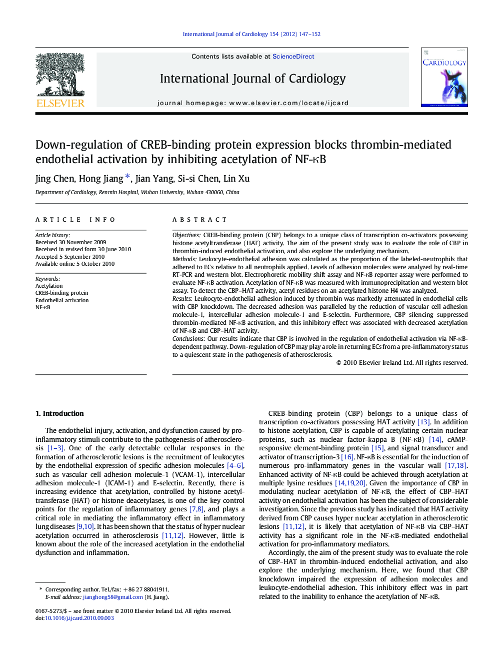 Down-regulation of CREB-binding protein expression blocks thrombin-mediated endothelial activation by inhibiting acetylation of NF-ÎºB