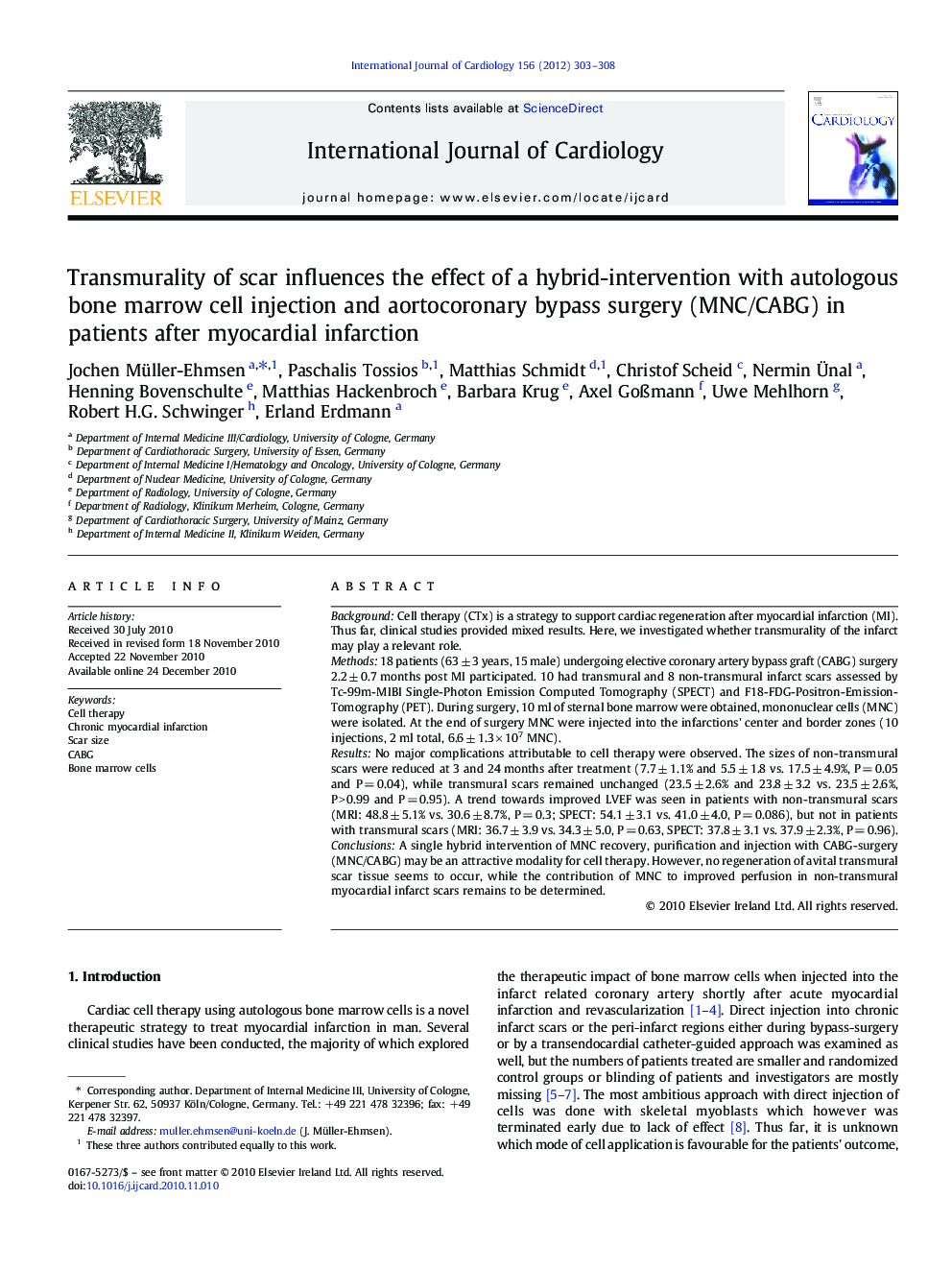 Transmurality of scar influences the effect of a hybrid-intervention with autologous bone marrow cell injection and aortocoronary bypass surgery (MNC/CABG) in patients after myocardial infarction