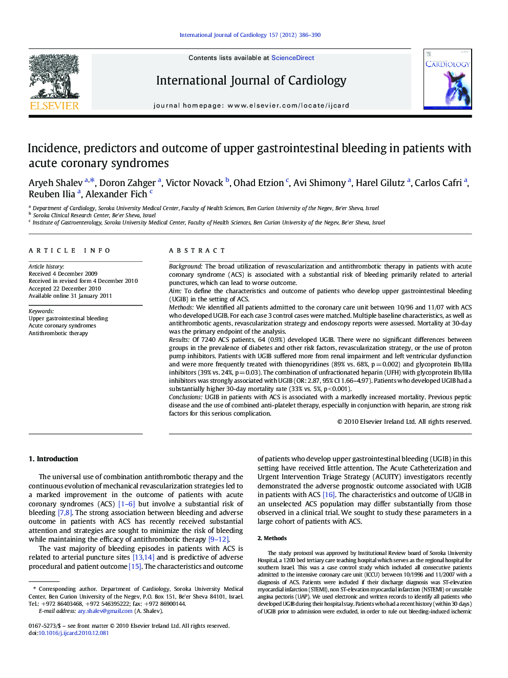 Incidence, predictors and outcome of upper gastrointestinal bleeding in patients with acute coronary syndromes