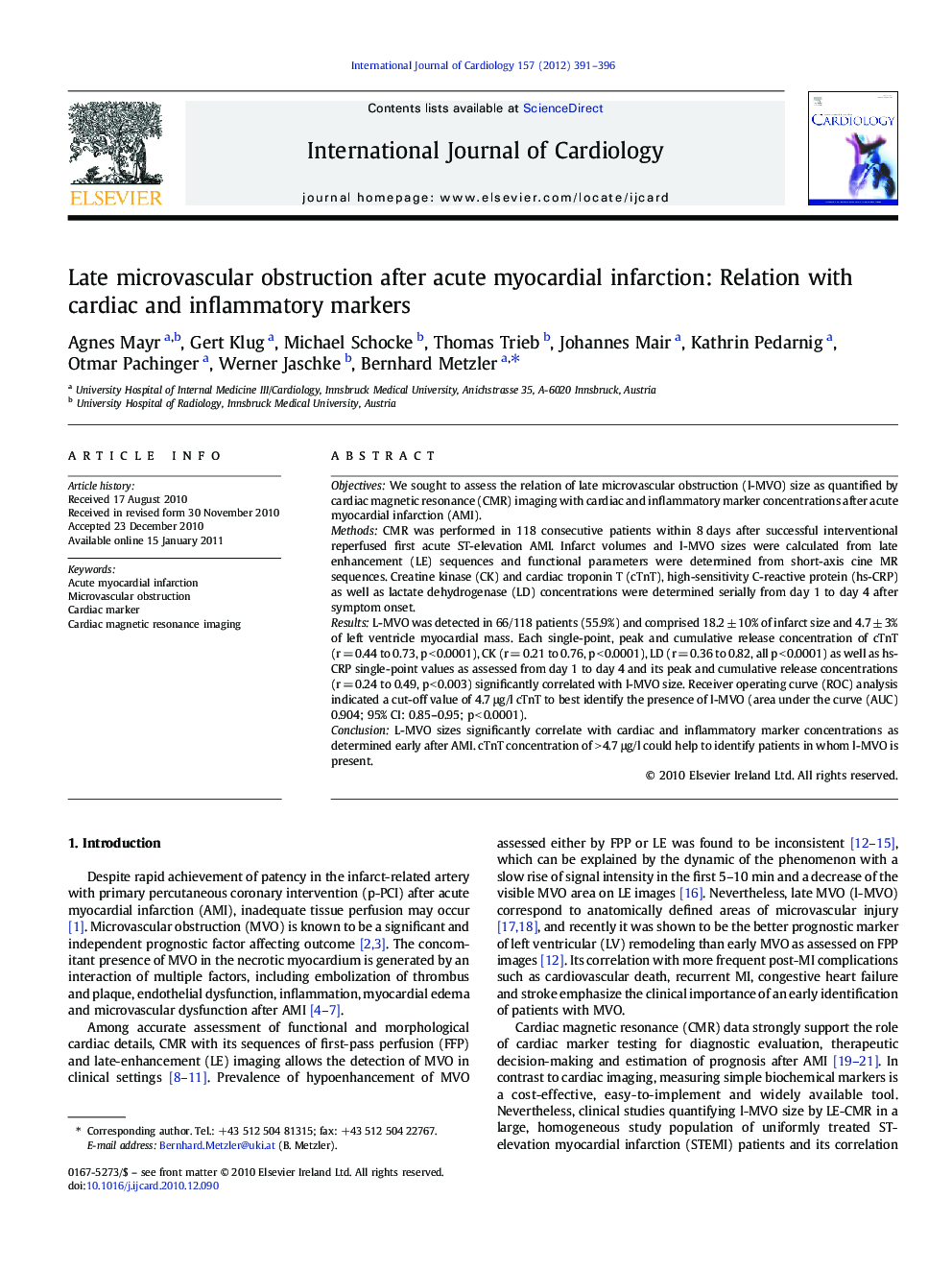 Late microvascular obstruction after acute myocardial infarction: Relation with cardiac and inflammatory markers