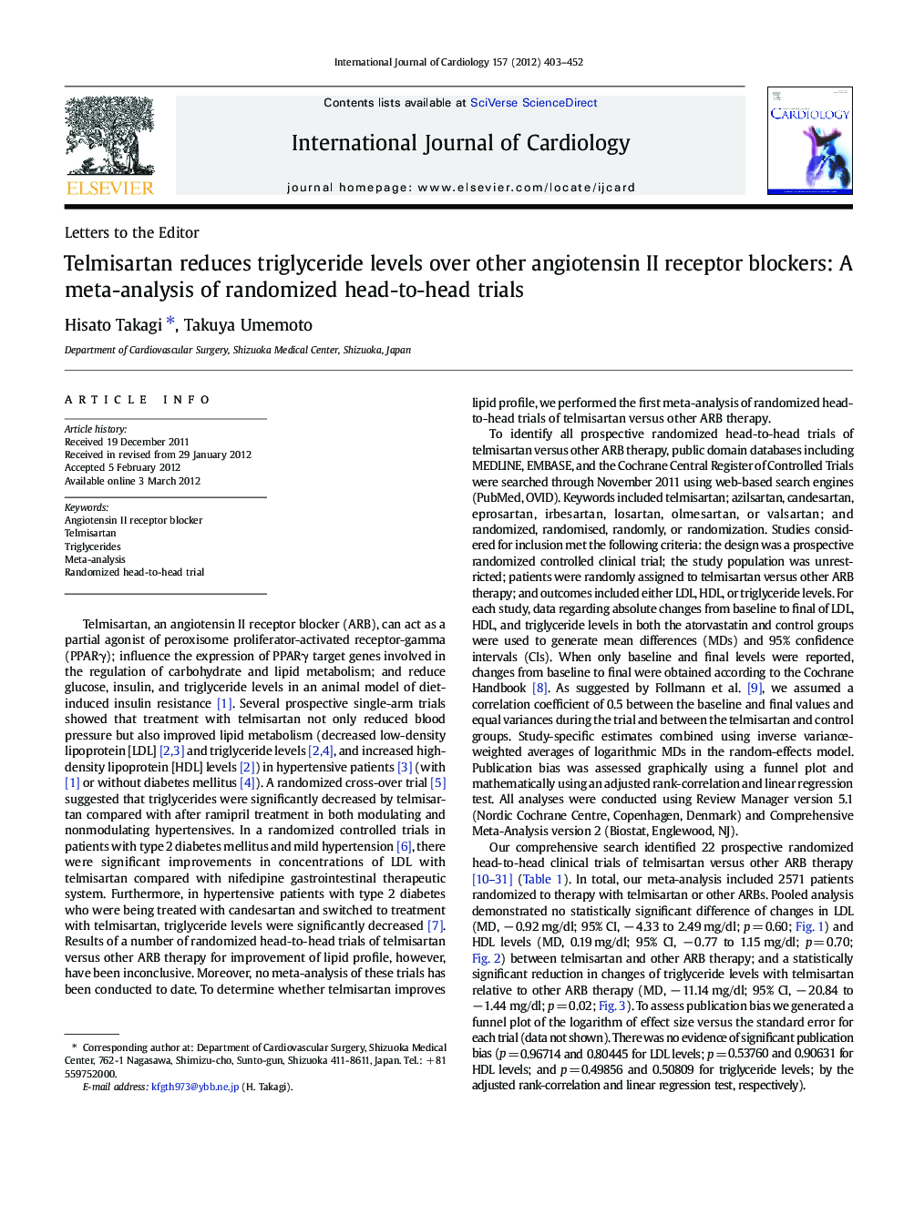 Telmisartan reduces triglyceride levels over other angiotensin II receptor blockers: A meta-analysis of randomized head-to-head trials