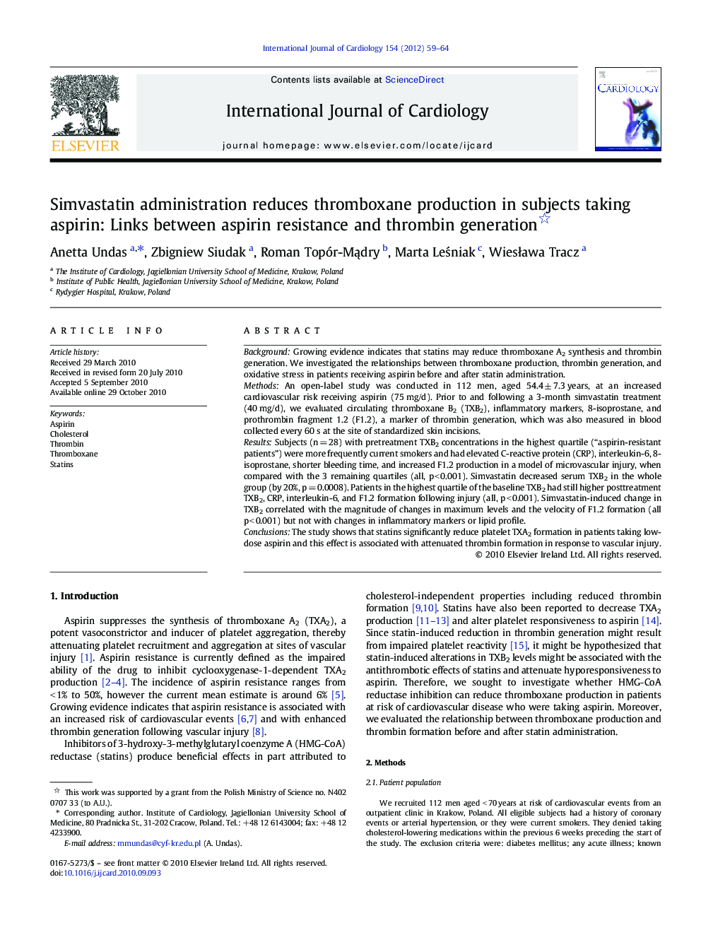 Simvastatin administration reduces thromboxane production in subjects taking aspirin: Links between aspirin resistance and thrombin generation