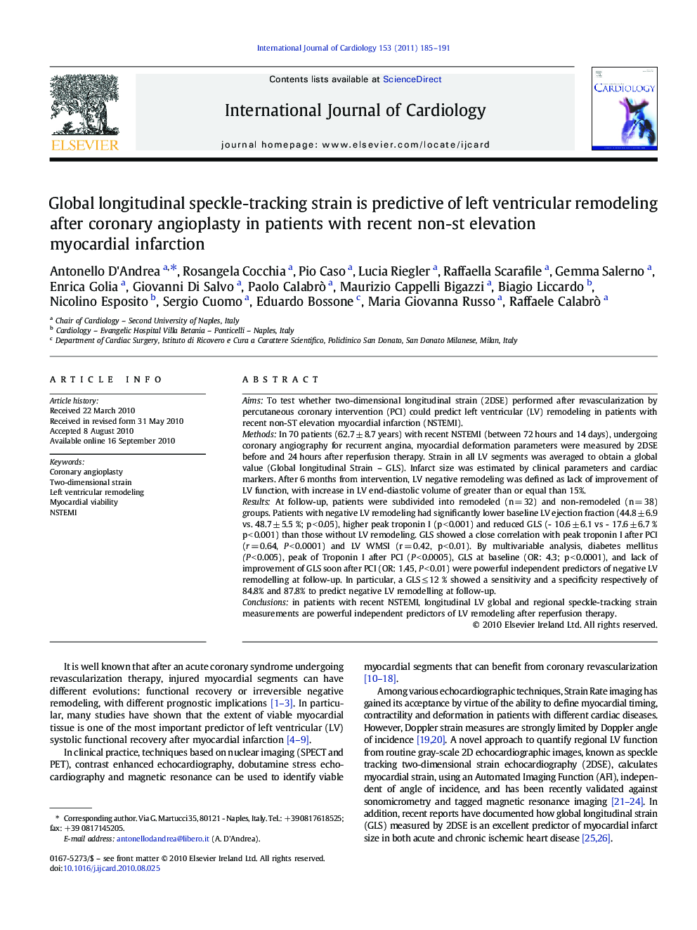 Global longitudinal speckle-tracking strain is predictive of left ventricular remodeling after coronary angioplasty in patients with recent non-st elevation myocardial infarction