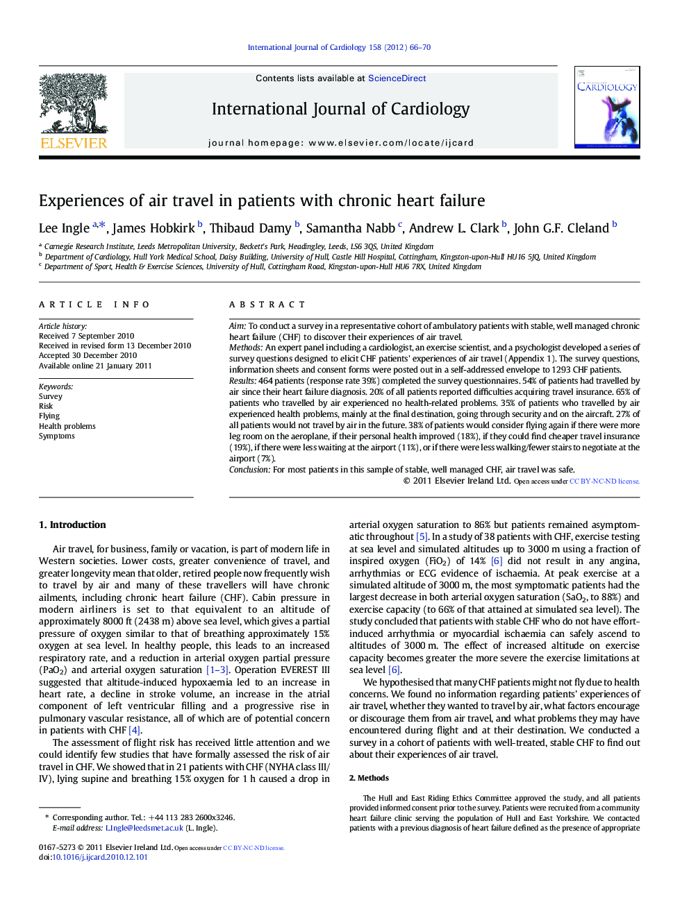 Experiences of air travel in patients with chronic heart failure