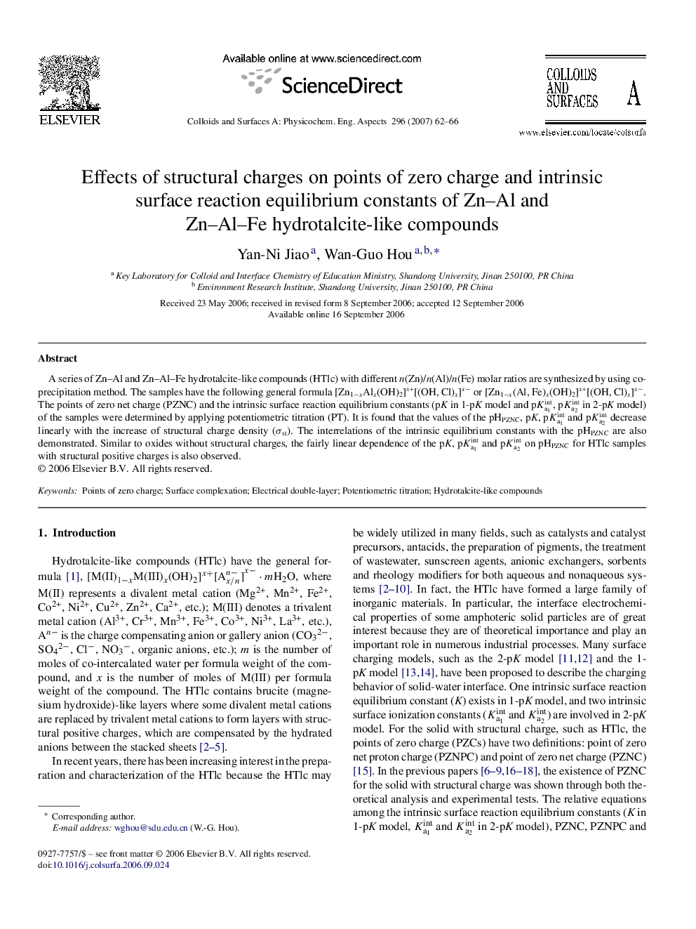 Effects of structural charges on points of zero charge and intrinsic surface reaction equilibrium constants of Zn–Al and Zn–Al–Fe hydrotalcite-like compounds