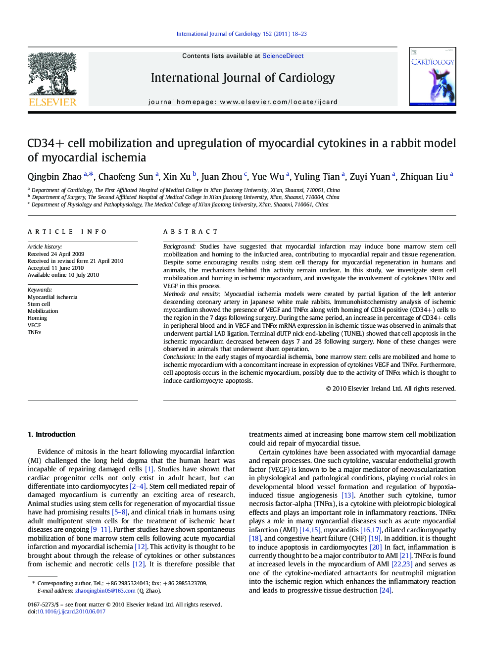 CD34+ cell mobilization and upregulation of myocardial cytokines in a rabbit model of myocardial ischemia