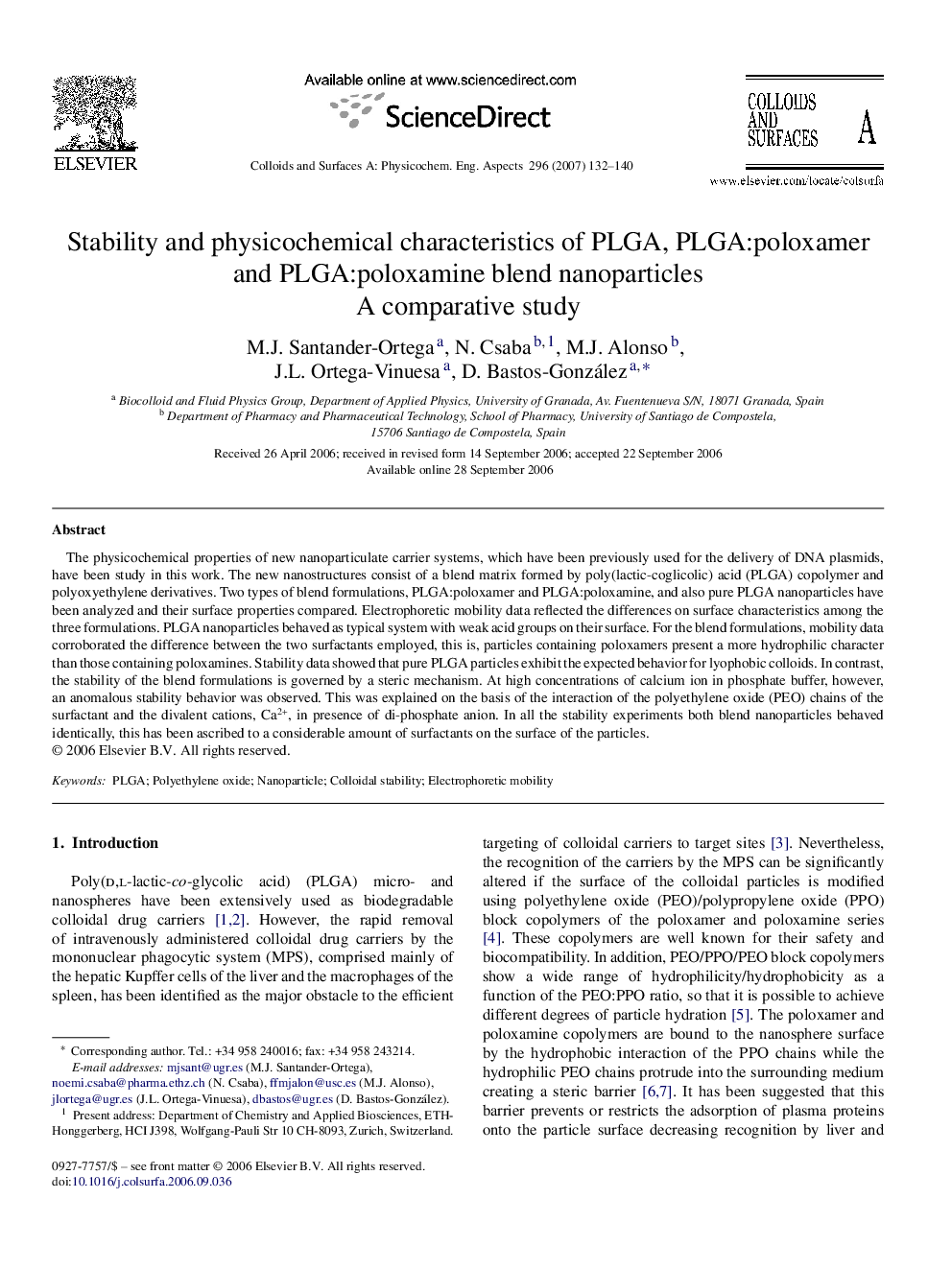 عکس صفحه اول مقاله: Stability and physicochemical characteristics of PLGA, PLGA:poloxamer and PLGA:poloxamine blend nanoparticles: A comparative study Stability and physicochemical characteristics of PLGA, PLGA:poloxamer and PLGA:poloxamine blend nanoparticles: A comparative study