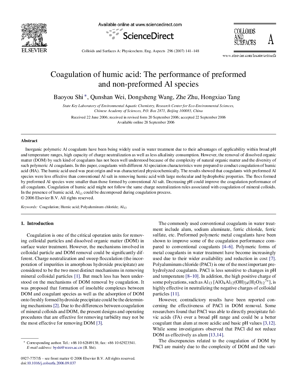 Coagulation of humic acid: The performance of preformed and non-preformed Al species