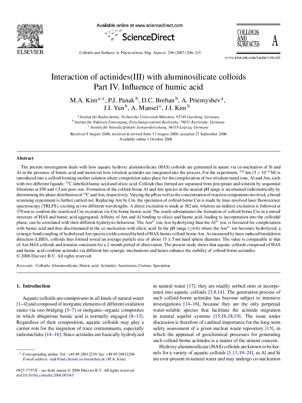 عکس صفحه اول مقاله: Interaction of actinides(III) with aluminosilicate colloids: Part IV. Influence of humic acid Interaction of actinides(III) with aluminosilicate colloids: Part IV. Influence of humic acid