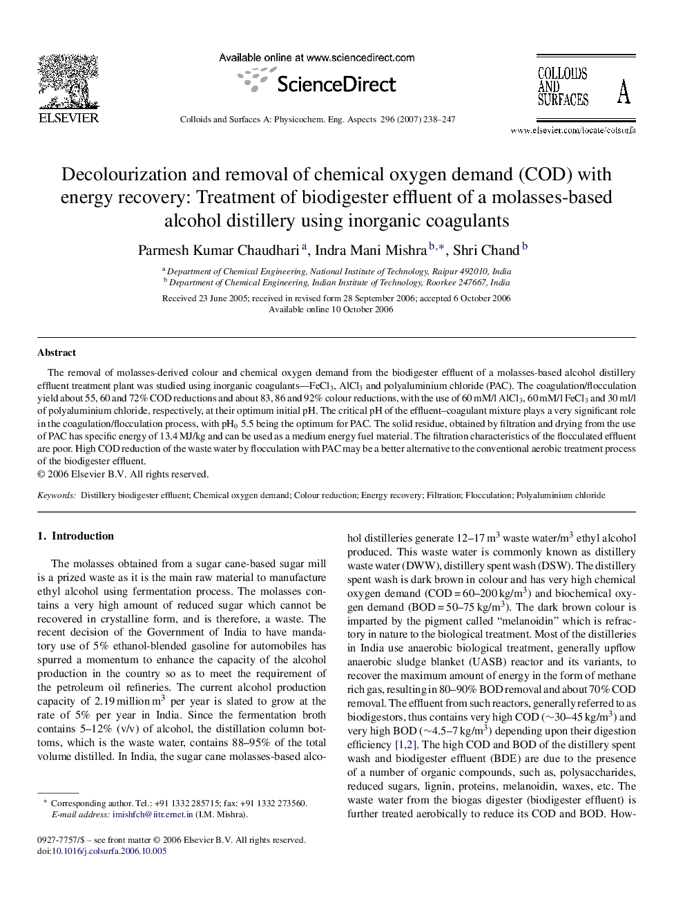 Decolourization and removal of chemical oxygen demand (COD) with energy recovery: Treatment of biodigester effluent of a molasses-based alcohol distillery using inorganic coagulants